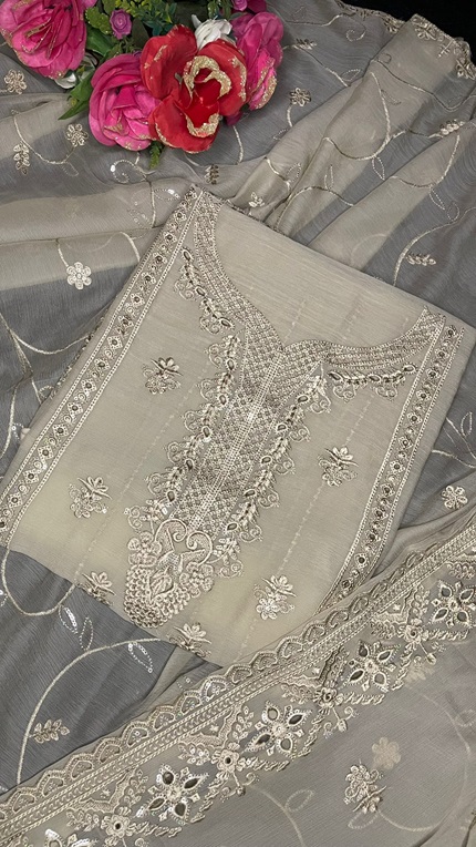 Khaki Shifon Embroidery Wear